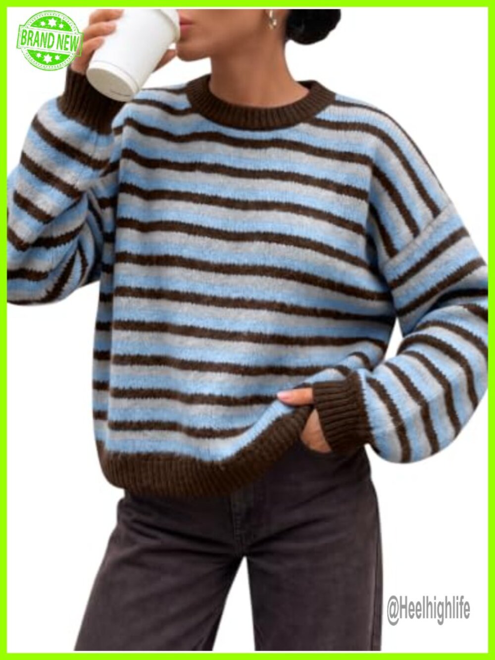 Women Striped Oversized Knit Sweater Crew Neck Long Sleeve Pullover Fall